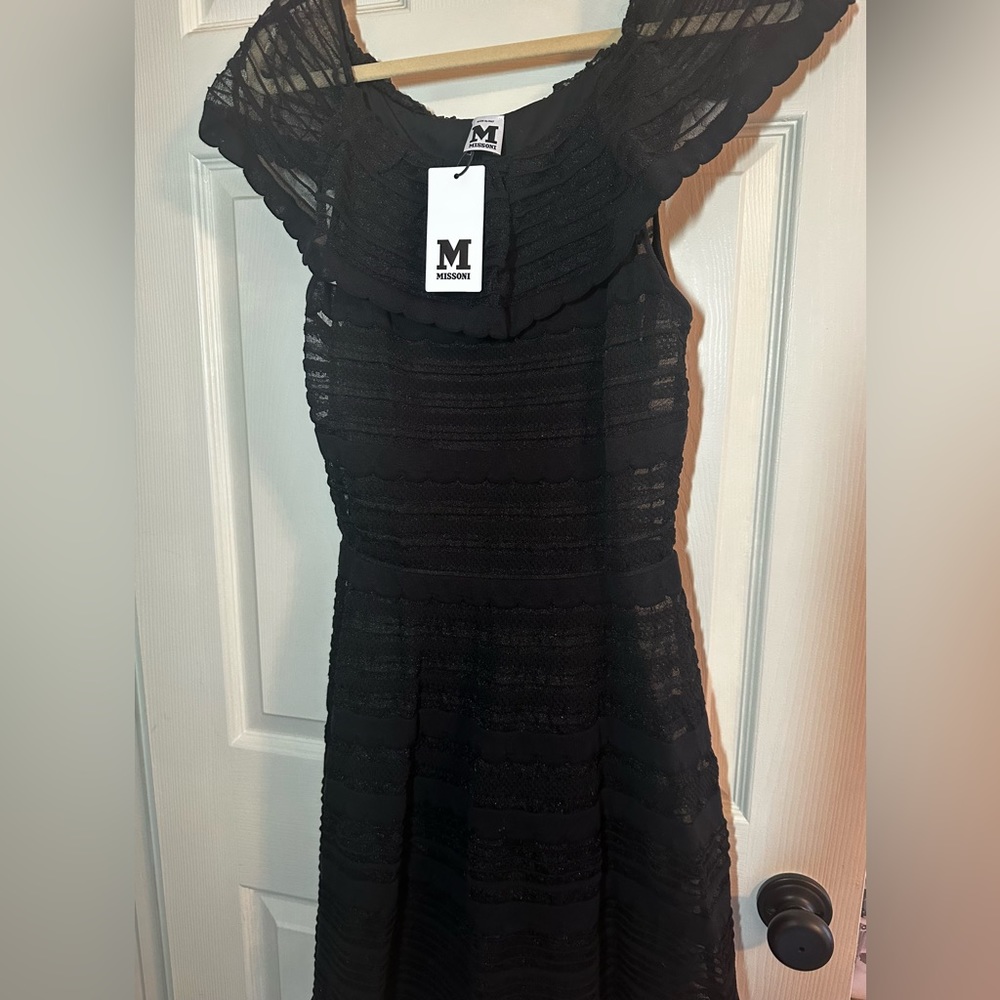 MISSONI ITALY Black Off-Shoulder Black Sparkly A-line Ruffle Neck Dress Knee NM - Picture 10 of 13